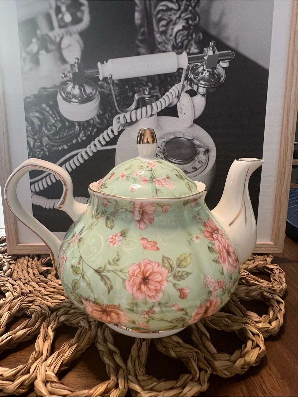 Vintage Floral Porcelain Teapot - Mint Green with Pink Flowers